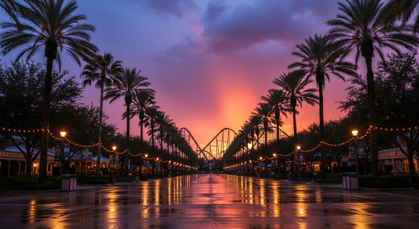 The Best Time to Visit Orlando's Theme Parks: The Calendar Locals Actually Use - AI-generated An empty Orlando theme-park midway lined with palm trees and warm string lights at golden hour, a distant roller coaster silhouetted against a dramatic pink and purple sky after an afternoon storm.