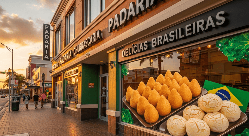 Orlando Has a Little Brazil, and It's Hiding on the Loudest Mile of I-Drive - AI-generated A sunlit Brazilian bakery and churrascaria storefront on Orlando's International Drive at golden hour, with Portuguese signage and a window tray of golden coxinhas and pão de queijo.