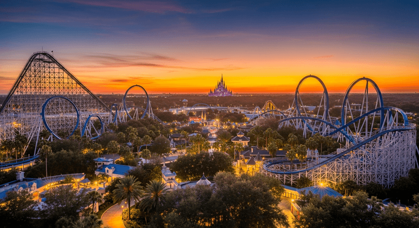 Disney World vs. Universal Orlando in 2026: Which One Should You Actually Pick? - AI-generated Aerial golden-hour view of Orlando's theme-park district at dusk, roller coasters and a distant castle silhouette rising above palm trees and green Florida landscaping.