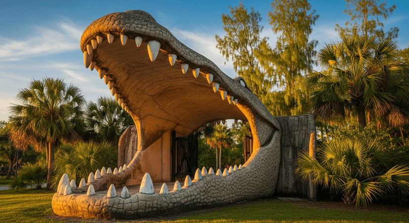 Gatorland: The Orlando Attraction That Was Here 22 Years Before the Mouse - AI-generated The giant blue-and-white concrete alligator mouth entrance at Gatorland in Orlando under a bright Florida sky
