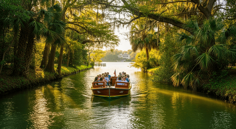 A Perfect Day in Winter Park: The Orlando Most Tourists Never See - AI-generated A wooden tour boat gliding down a narrow tree-lined canal in Winter Park, Florida, with golden afternoon light filtering through overhanging foliage.