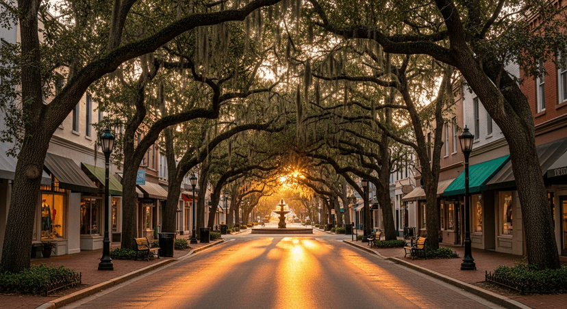 Orlando Without the Theme Parks — The 72 Hours Locals Spend in Florida's Most Touristed City (and the $600 You Save by Skipping the Mouse) - AI-generated A pedestrian-only block of Park Avenue in Winter Park at golden hour, brick sidewalks under live oaks, boutique storefronts and a small fountain in Central Park visible across the street.