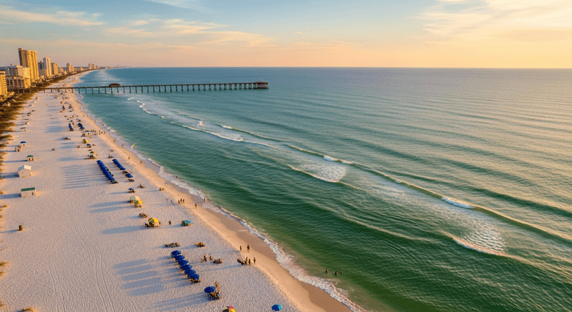 Panama City Beach Spent a Decade Killing Its Own Spring Break — and the Family Town That Took Its Place - AI-generated Aerial view of Panama City Beach's white sand and emerald Gulf water at golden hour with a long fishing pier