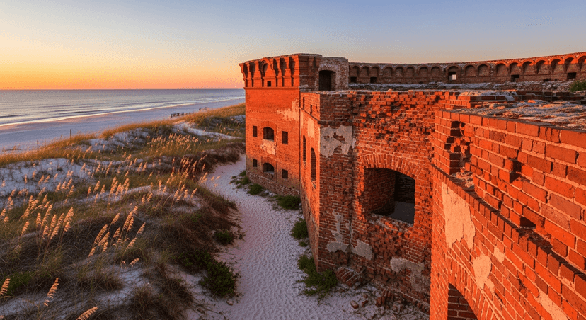 Fort Pickens: The Union Fort That Held Geronimo — and the Wild, Free End of Pensacola Beach - AI-generated The weathered red-brick walls of Fort Pickens on Santa Rosa Island at golden hour, with white sand and Gulf water in the background.