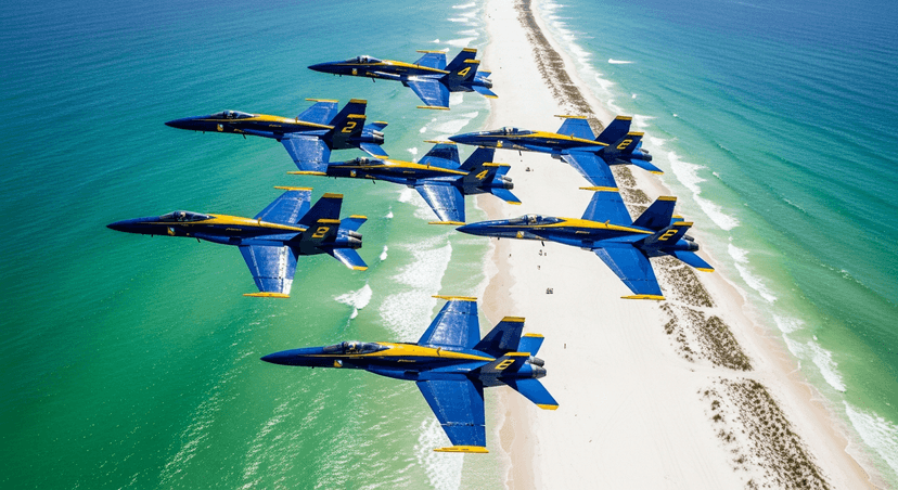 The National Naval Aviation Museum: Why Pensacola Hangs Four Jets From Its Ceiling, and How to Watch the Blue Angels Practice for Free - AI-generated Blue and gold Navy fighter jets in tight diamond formation flying low over a white-sand Gulf beach near Pensacola.