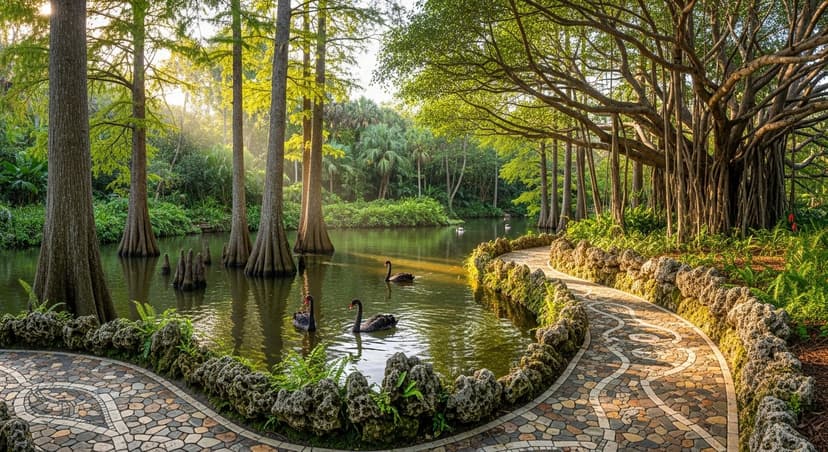 Pinecrest Gardens — Miami's Strangest Public Park, Hiding the Bones of Parrot Jungle - AI-generated A quiet koi pond at Pinecrest Gardens framed by towering bald cypress and banyan trees with mosaic stone paths catching morning light.
