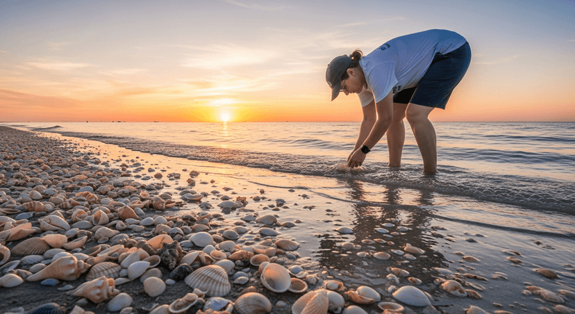 How to Actually Find Shells on Sanibel: The Stoop, the Tides, and the $500 Rule - AI-generated A sheller bent over in the Sanibel Stoop gathering seashells in ankle-deep Gulf water at sunrise.