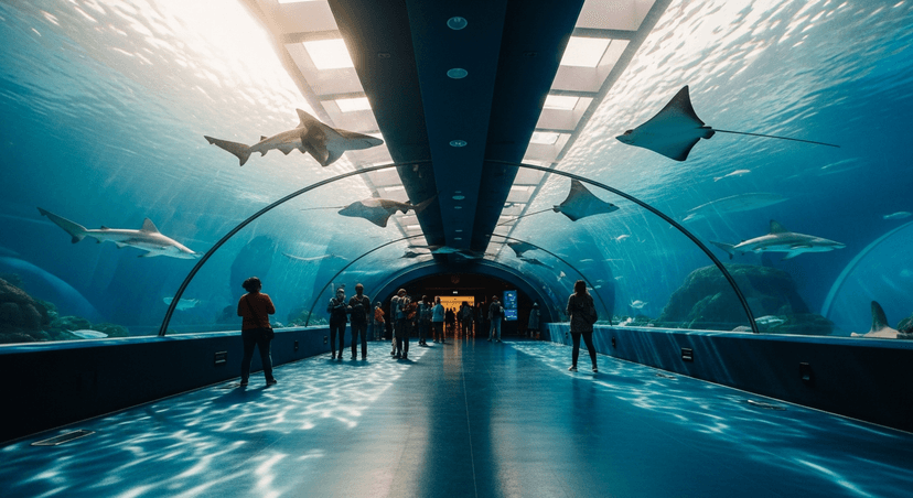 Sarasota's Mote Aquarium Moved: Why Your GPS Is Sending You to a Closed Building (2026) - AI-generated Sharks and rays glide through a curved overhead aquarium tank as visitors look up from below.