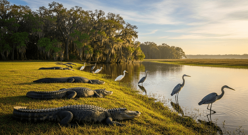 Myakka River State Park: Sarasota's Wild Side, the Gators, and Why Summer Floods the Whole Thing - AI-generated Alligators resting on a grassy riverbank at Myakka River State Park near Sarasota in warm early-morning light, with wading herons and open prairie beyond.