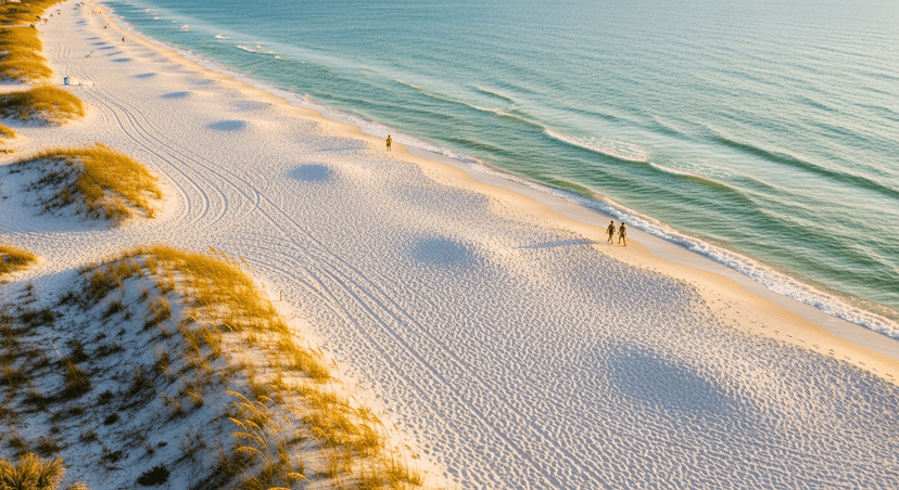 Siesta Key Beach — Why the Sand Squeaks Underfoot and Stays Cool at Noon (Sarasota's Million-Year-Old Quartz) - AI-generated Aerial view of Siesta Key Beach in Sarasota at golden hour, with brilliant white quartz sand curving along the Gulf and calm turquoise water