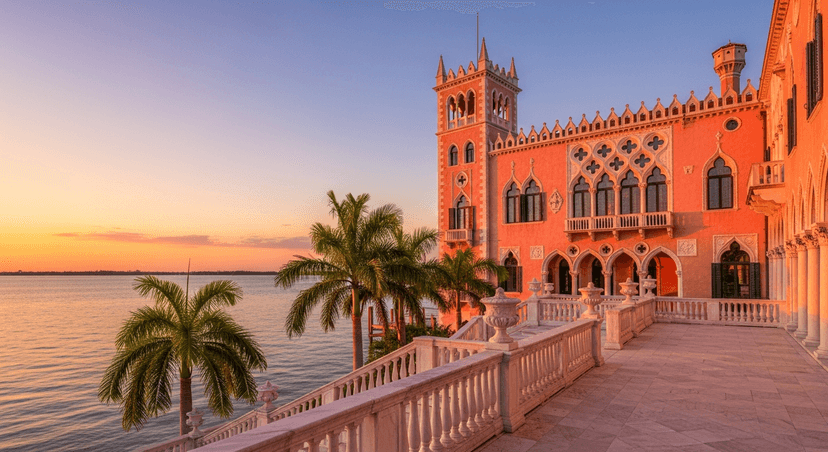 The Ringling in Sarasota: What Free Monday Actually Gets You (and the 3 Museums Most People Miss) - AI-generated The pink Venetian Gothic facade and belvedere tower of Ca' d'Zan mansion at The Ringling, glowing in golden-hour light on Sarasota Bay.