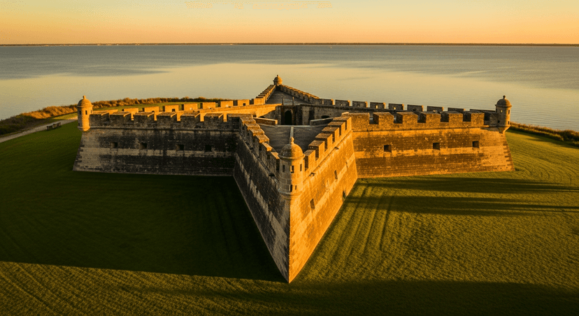Castillo de San Marcos — The 350-Year-Old Fort the British Couldn't Crack (Because Its Walls Are Made of Seashells) - AI-generated Aerial view of the Castillo de San Marcos star fort glowing in late afternoon sun, its four diamond bastions casting long shadows over the grass glacis with Matanzas Bay beyond.