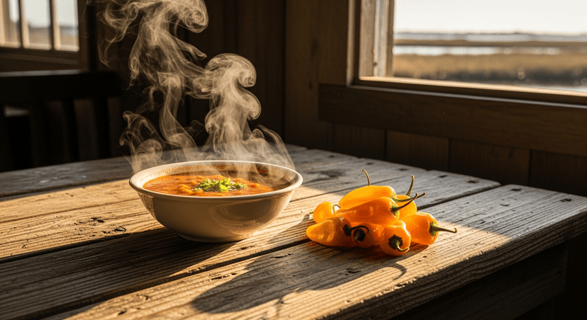 The Datil Pepper: How to Eat St. Augustine's 250-Year-Old Minorcan Food Right - AI-generated A bowl of red Minorcan clam chowder beside a small pile of yellow-orange datil peppers on a rustic wooden table in warm afternoon light.