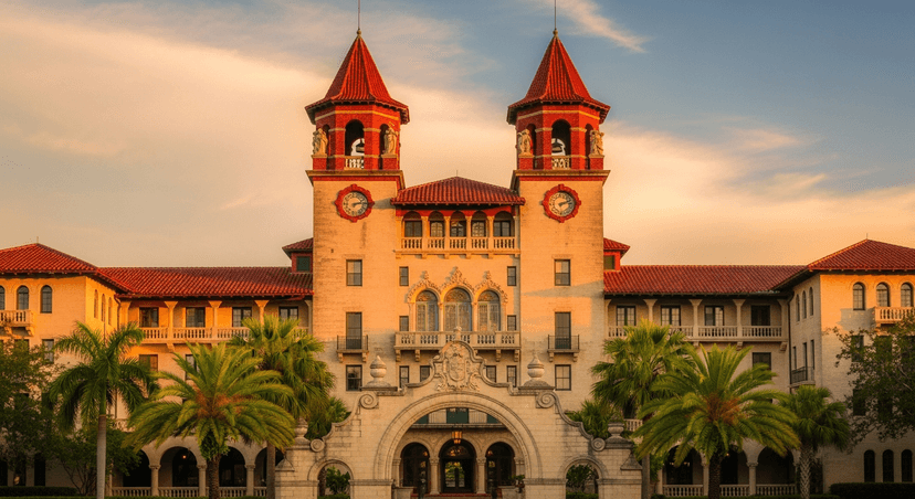 Flagler College: The $2.5 Million Gilded-Age Hotel in St. Augustine You Can Actually Walk Into - AI-generated The twin towers and Spanish Renaissance facade of Flagler College, the former Hotel Ponce de León, in St. Augustine at golden hour.