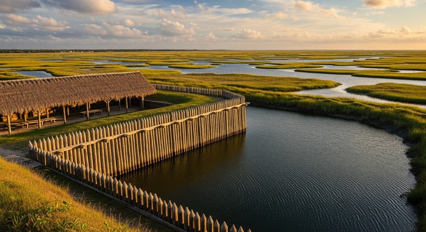 Fort Mose — Where America's Underground Railroad Ran South in 1738, Two Miles North of St. Augustine's Plaza - AI-generated Reconstructed 18th-century Spanish-colonial earthwork fort with palm-thatch roofs and a wooden palisade rising above a moat in coastal St. Augustine salt marsh at golden hour.