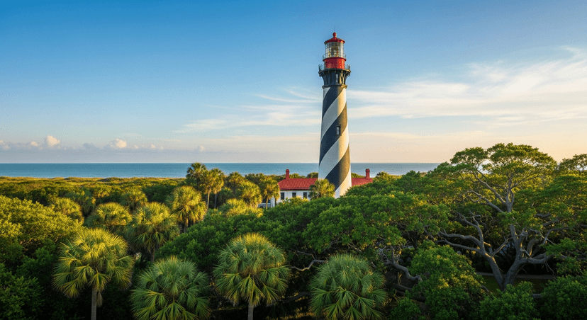 Climbing the St. Augustine Lighthouse: 219 Steps, a 150-Year-Old Lens, and the Ghost Story Locals Actually Believe - AI-generated The black-and-white spiral-striped St. Augustine Lighthouse with its red lantern room rising above palms on Anastasia Island in morning light.