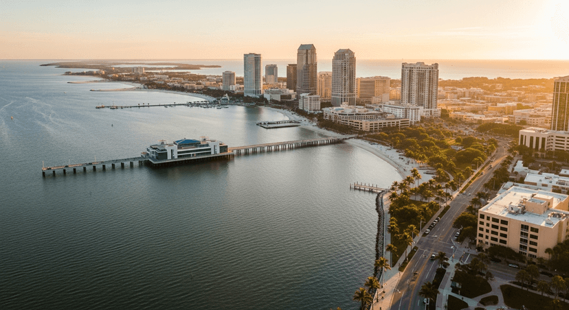 Downtown St. Pete or the Beaches? The One Decision That Shapes Your Whole Trip - AI-generated Aerial golden-hour view of the St. Petersburg downtown waterfront and St. Pete Pier on Tampa Bay with the Gulf barrier-island beaches in the distance.