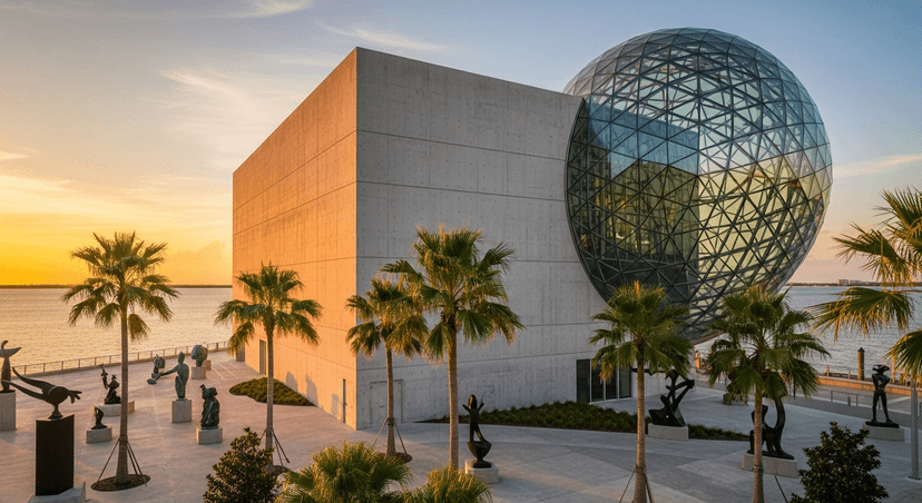 The Salvador Dalí Museum — The 13-Foot Painting Hiding 28 Venuses, the Hurricane-Proof Concrete Box, and the Ohio Couple Who Bought It Before It Was Finished - AI-generated The Salvador Dalí Museum at golden hour — a concrete rectangle with a free-form geodesic glass dome erupting from one side, on the St. Petersburg downtown waterfront.