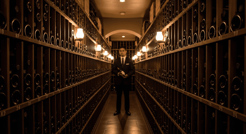 Bern's Steak House — The 600,000-Bottle Wine Cellar, the Dessert Room With Private Phones, and Why the $80 Steak Is Actually a Five-Course Dinner - AI-generated The dimly lit working wine cellar beneath Bern's Steak House in Tampa — numbered wooden racks holding thousands of bottles at 50°F, lit by warm tungsten light, a sommelier in a dark suit pulling a bottle in the foreground.