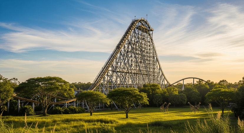 Busch Gardens Tampa: A Zoo With Ten Roller Coasters Bolted On — How to Actually Do It in Summer - AI-generated A towering hybrid roller coaster cresting its first drop against a bright Florida sky at Busch Gardens Tampa, with green African-savanna landscaping below.