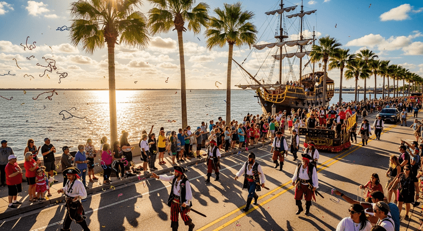 Gasparilla: Why Tampa Throws America's Third-Biggest Parade for a Pirate Who Never Existed - AI-generated Costumed pirate parade and bead-throwing crowd along Tampa's palm-lined Bayshore Boulevard on Gasparilla day, a mock pirate ship on the bay behind.