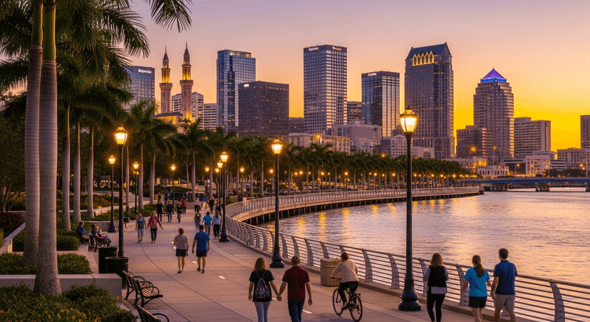 The Tampa Riverwalk: How to Do All 2.6 Miles in One Downtown Day - AI-generated The Tampa Riverwalk curving along the Hillsborough River at golden hour with the downtown Tampa skyline behind it