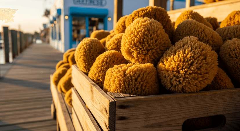 How to Buy a Real Sponge in Tarpon Springs (and Not Get Sold a Shrink-Wrapped Import) - AI-generated A wooden crate overflowing with soft honey-brown natural sea sponges at a sunlit Tarpon Springs dock stall.