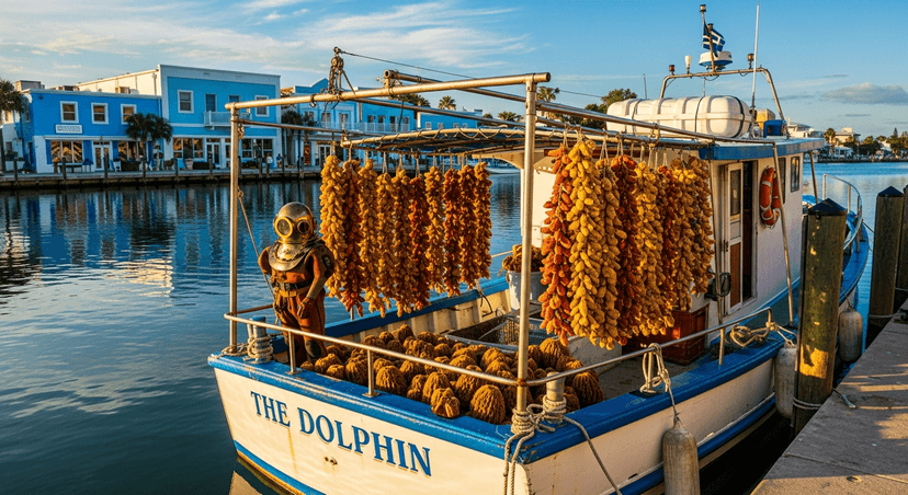 Tarpon Springs Sponge Docks — The Greek Working Waterfront 35 Minutes North of St. Pete, Where 170-Pound Diving Suits Still Hit the Anclote River Floor Daily - AI-generated A working sponge boat tied up at the Tarpon Springs Sponge Docks in golden afternoon light, with strings of natural sea sponges drying on the back deck and Greek shop facades behind