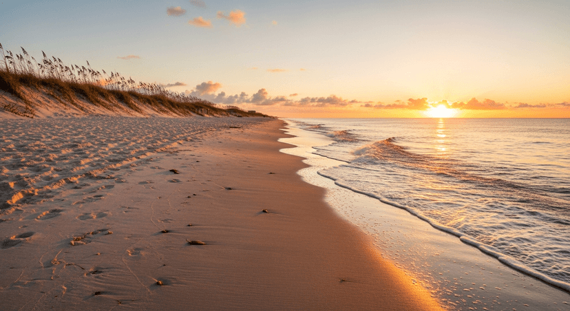The Treasure Coast Is Named for Real Sunken Gold — and It Still Washes Up Near Vero Beach - AI-generated Golden sunrise light over an empty Atlantic beach near Vero Beach, Florida, with gentle surf washing over hard-packed sand