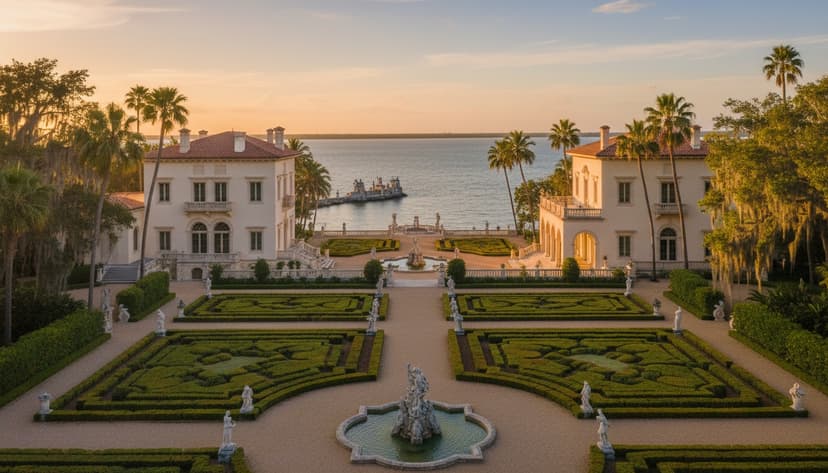 Vizcaya — Miami's Strangest Day Out, Hiding in Plain Sight on Biscayne Bay - AI-generated (Gemini 2.5 Flash) Late afternoon golden light on Vizcaya's cream limestone facade and Italian Renaissance formal gardens, with Biscayne Bay shimmering in the background and palm trees framing the scene.