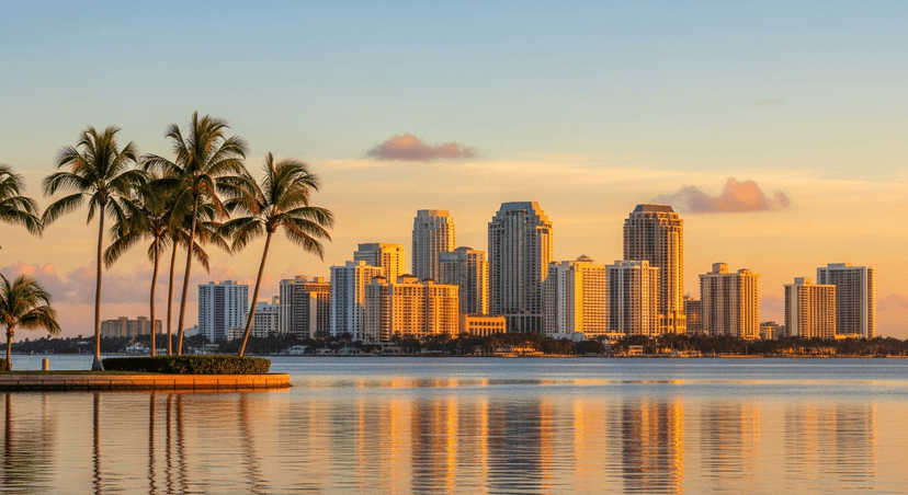Henry Flagler Built West Palm Beach for the Help. It Outgrew the Island It Was Made to Serve. - AI-generated The West Palm Beach downtown skyline at sunrise seen across the Lake Worth Lagoon from Palm Beach island, palms in the foreground.